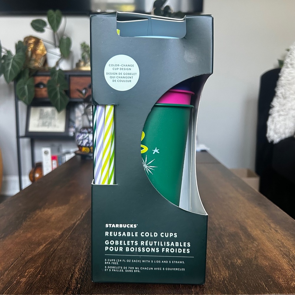 Starbucks Reusable Cold Cups Set 5pk 24oz Multi New Color Changing Holiday 2023